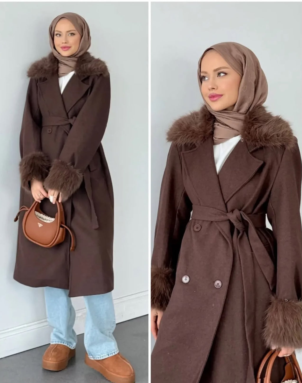 Kürklü Yaka ve Kol Detaylı Kuşaklı Kaban